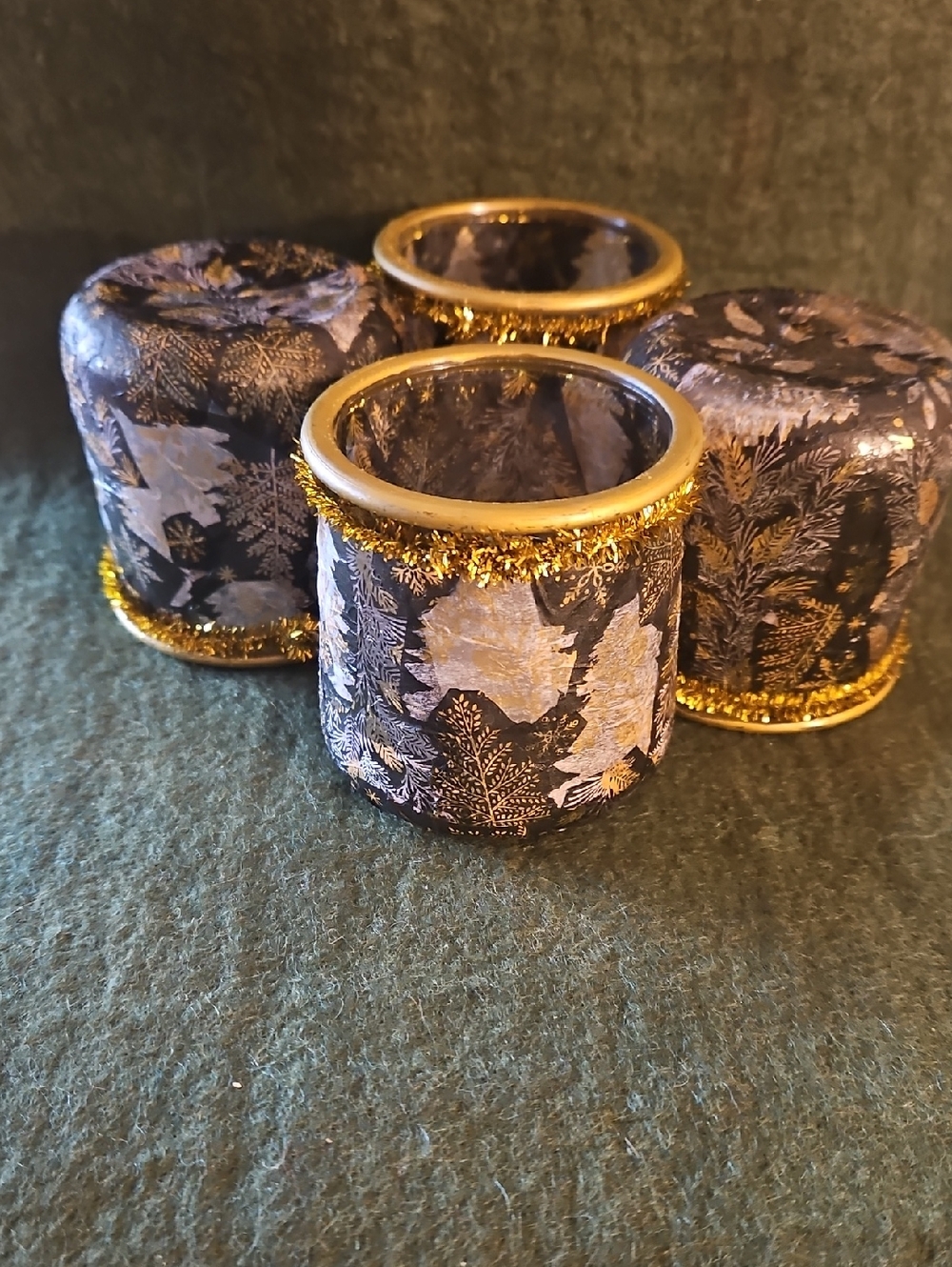 Festive Black & Gold Pine Tree Decopaged Jars/Votive Holders w/Candles. Qty 4 - Picture 3 of 7
